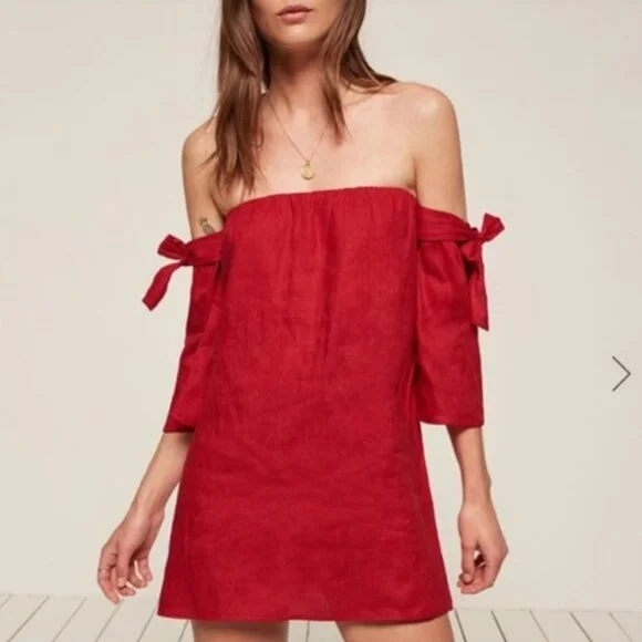 Reformation Carlita Red Off the Shoulder Tie Mini Dress Size Large - Picture 2 of 9